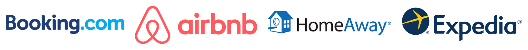 Loghi di varie piattaforme di prenotazione viaggi: Booking.com, Airbnb, HomeAway, Expedia
